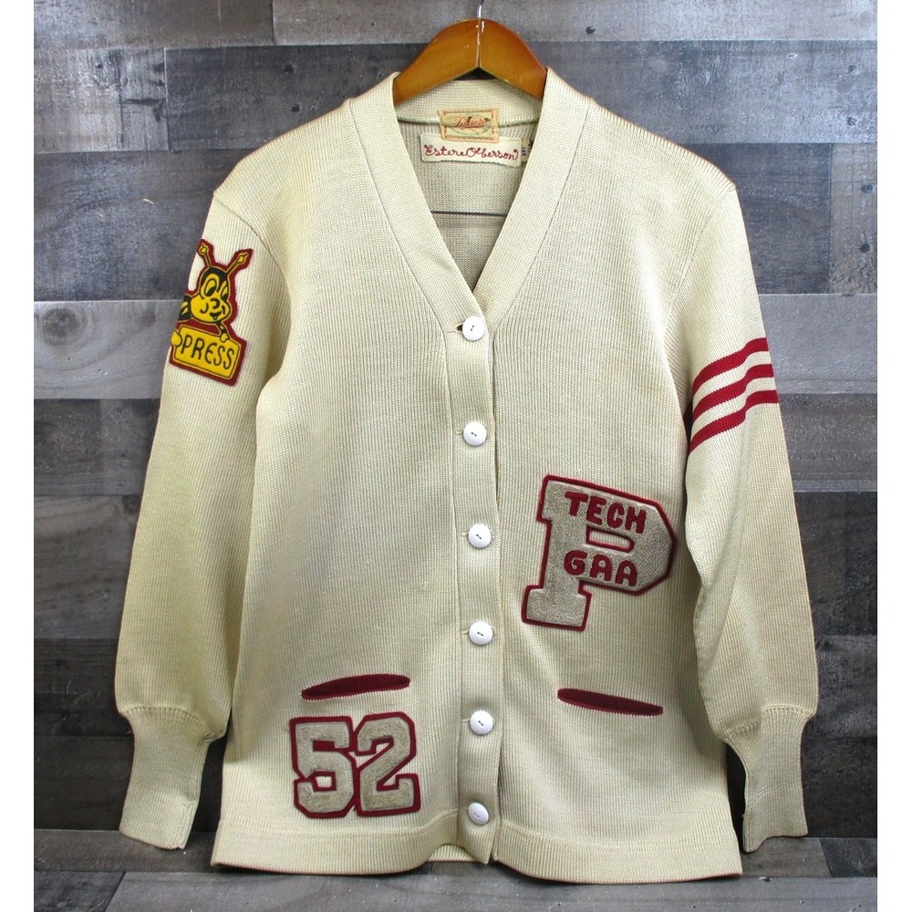 Vintage Dehen Letterman Cardigan Sweater Womens Small Cream Georgia Tech 50s